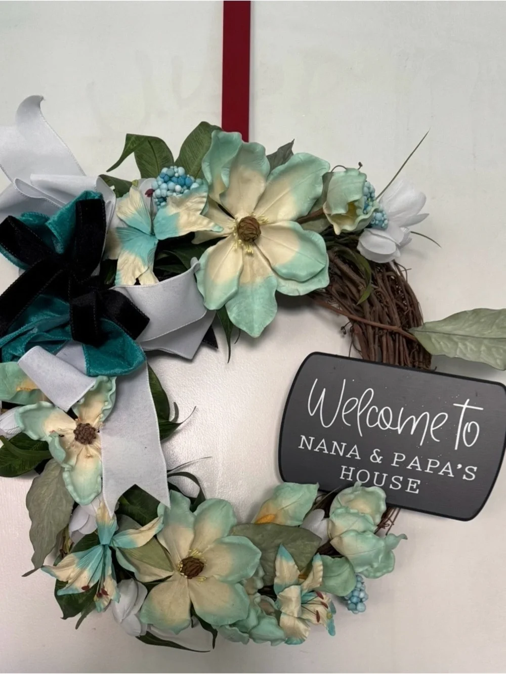 Mint & White Magnolia WELCOME to NANA AND PAPAS HOUSE WREATH